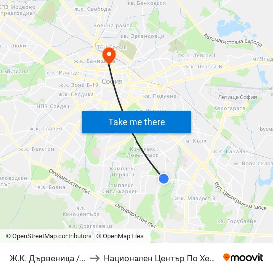 Ж.К. Дървеница / Darvenitsa Qr. (1012) to Национален Център По Хематология И Трансфузиология map