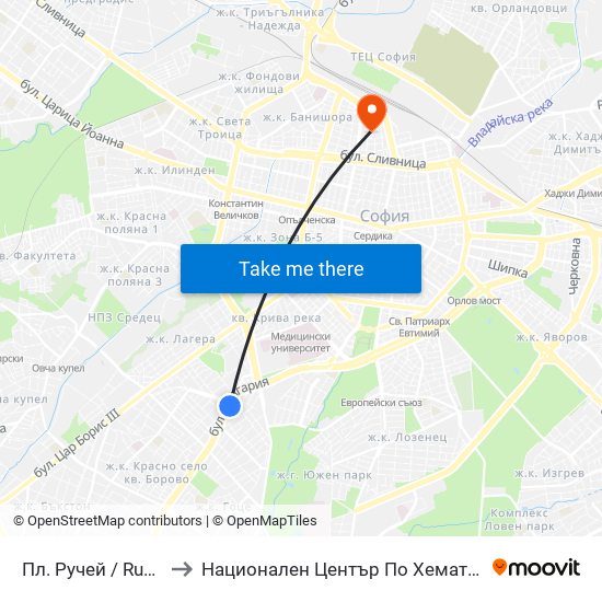 Пл. Ручей / Ruchey Sq. (1301) to Национален Център По Хематология И Трансфузиология map