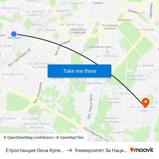 Етростанция Овча Купел / Ovcha Kupel Metro Station  (0352) to Университет За Национално И Световно Стопанство map