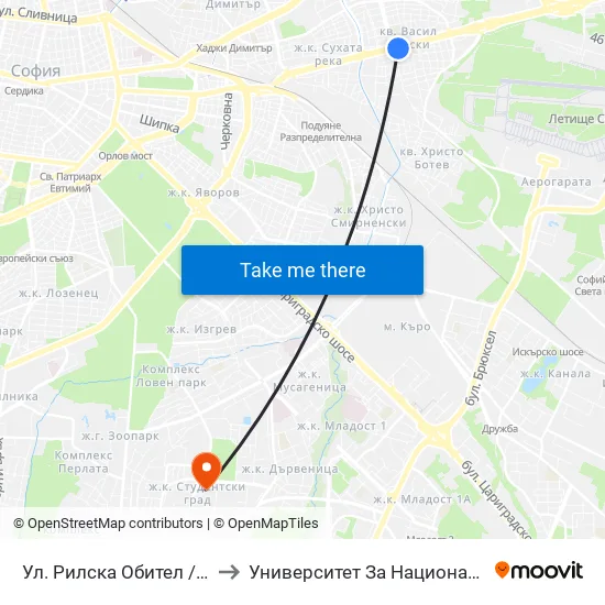 Ул. Рилска Обител / Rilska Obitel St. (2158) to Университет За Национално И Световно Стопанство map
