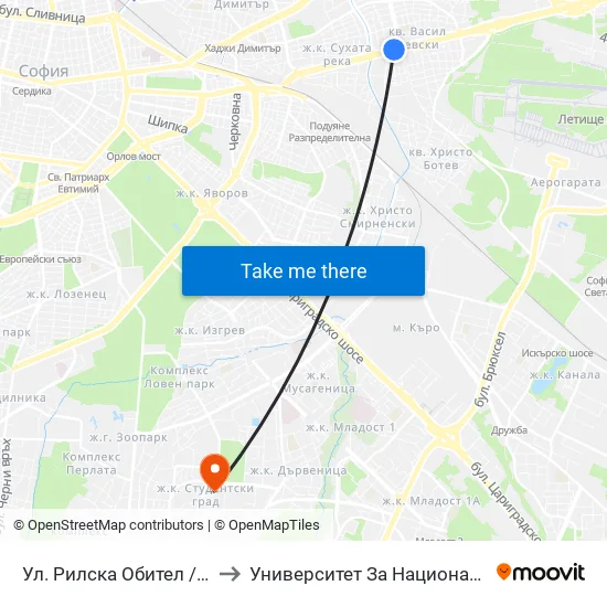 Ул. Рилска Обител / Rilska Obitel St. (2159) to Университет За Национално И Световно Стопанство map