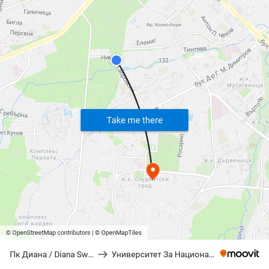 Пк Диана / Diana Swimming Complex (1342) to Университет За Национално И Световно Стопанство map