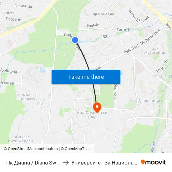 Пк Диана / Diana Swimming Complex (1343) to Университет За Национално И Световно Стопанство map