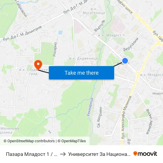 Ⓜ️ Пазара Младост 1 / Mladost 1 Market (0969) to Университет За Национално И Световно Стопанство map