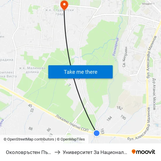 🛍️ Околовръстен Път / Ring Road (0414) to Университет За Национално И Световно Стопанство map