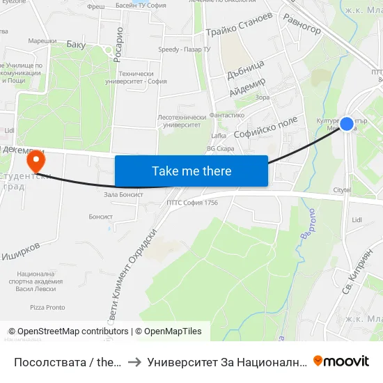 Посолствата / the Embassies (1401) to Университет За Национално И Световно Стопанство map