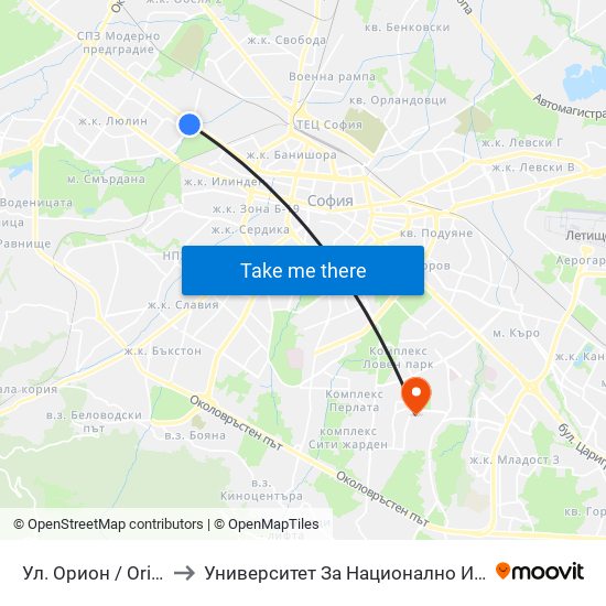 Ул. Орион / Orion St. (2092) to Университет За Национално И Световно Стопанство map