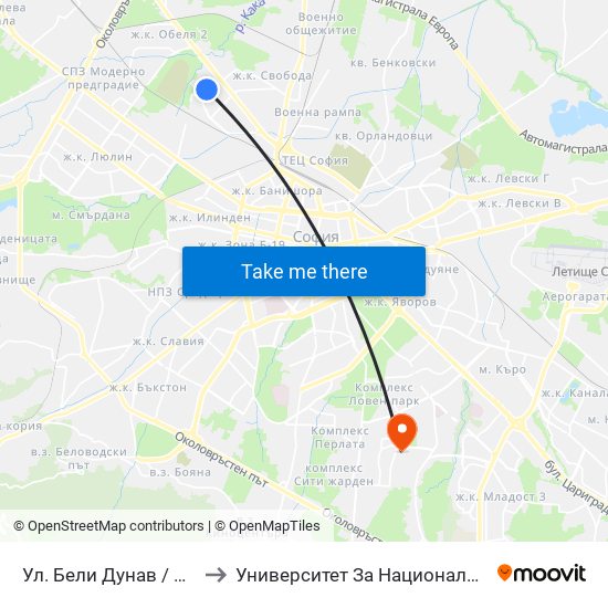 Ул. Бели Дунав / Beli Dunav St. (2577) to Университет За Национално И Световно Стопанство map