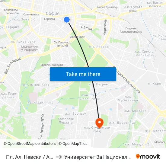 Пл. Ал. Невски / Al. Nevsky Sq. (1265) to Университет За Национално И Световно Стопанство map