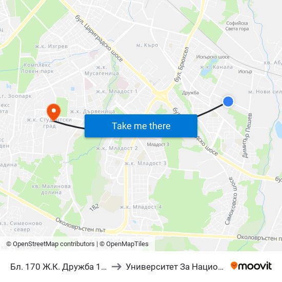 Бл. 170 Ж.К. Дружба 1 / Bl. 170, Druzhba 1 Qr. (0146) to Университет За Национално И Световно Стопанство map