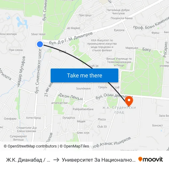 Ж.К. Дианабад / Dianabad (0602) to Университет За Национално И Световно Стопанство map
