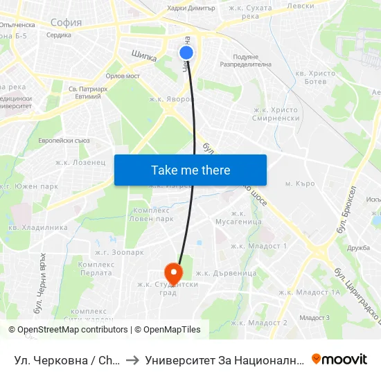 Ул. Черковна / Cherkovna St. (2258) to Университет За Национално И Световно Стопанство map