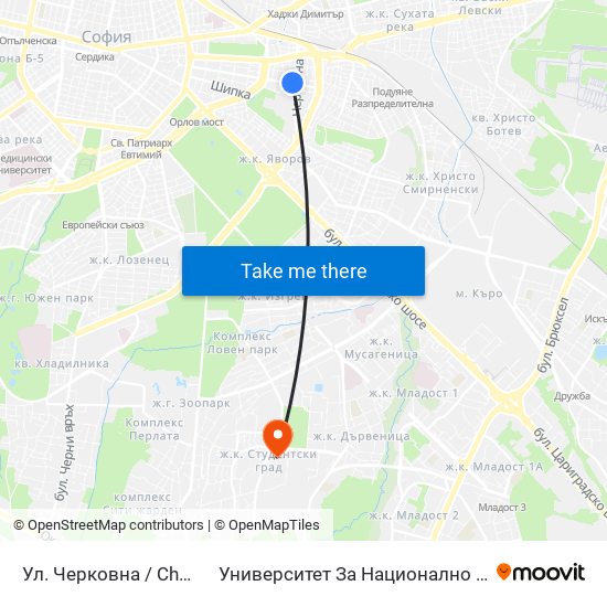 Ул. Черковна / Cherkovna St. (2259) to Университет За Национално И Световно Стопанство map