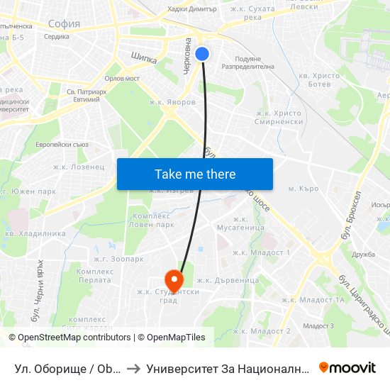 Ул. Оборище / Oborishte St. (2070) to Университет За Национално И Световно Стопанство map