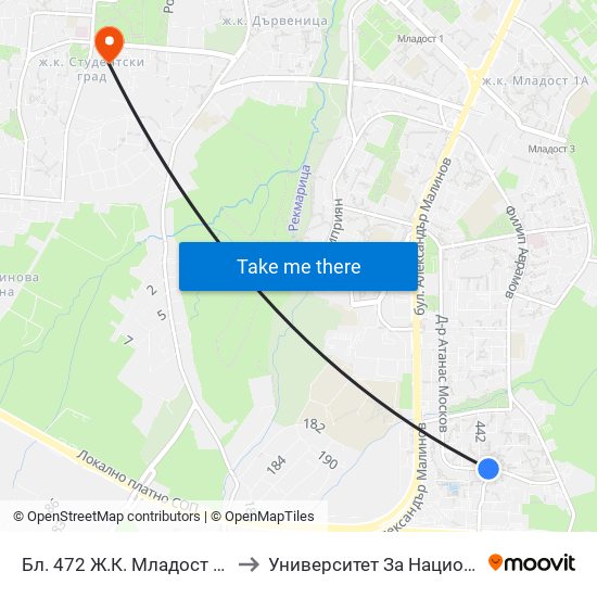 Бл. 472 Ж.К. Младост 4 / Bl. 472, Mladost 4 Qr. (2392) to Университет За Национално И Световно Стопанство map
