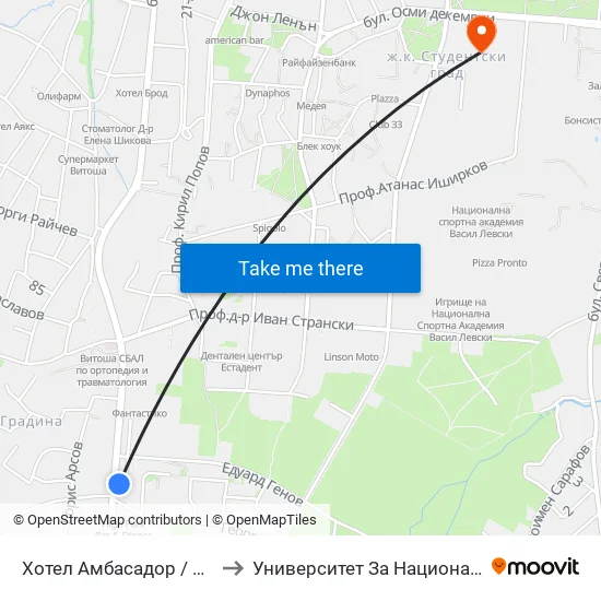 Хотел Амбасадор / Ambassador Hotel (0659) to Университет За Национално И Световно Стопанство map