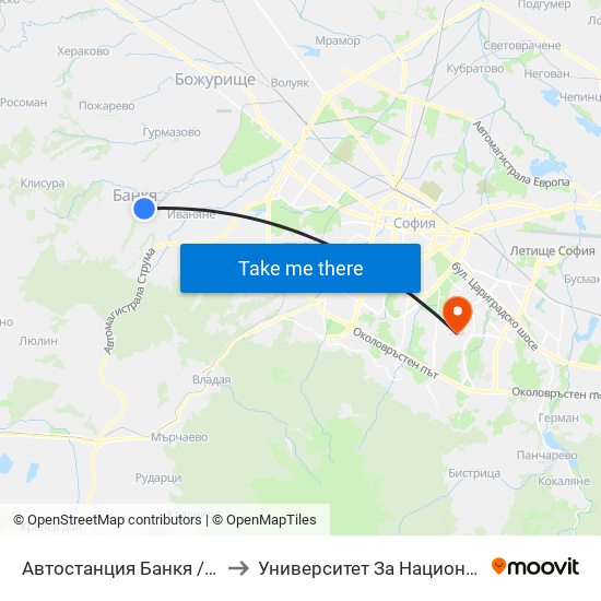🚌 Автостанция Банкя / Bankya Bus Station (0051) to Университет За Национално И Световно Стопанство map