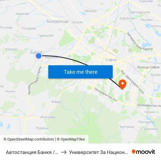 🚌 Автостанция Банкя / Bankya Bus Station (0051) to Университет За Национално И Световно Стопанство map
