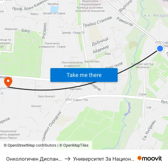 Онкологичен Диспансер / Oncology Clinic (0022) to Университет За Национално И Световно Стопанство map