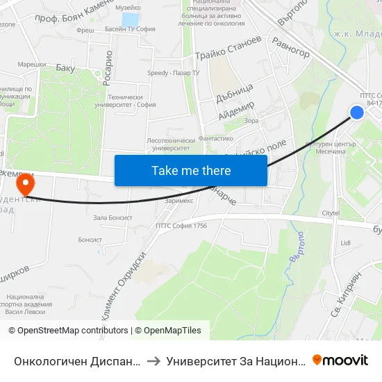 Онкологичен Диспансер / Oncology Clinic (0023) to Университет За Национално И Световно Стопанство map
