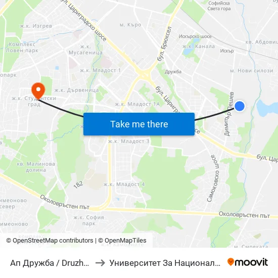 Ап Дружба / Druzhba Bus Depot (0078) to Университет За Национално И Световно Стопанство map