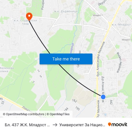 Бл. 437 Ж.К. Младост 4 / Bl. 437, Mladost 4 Qr. (0219) to Университет За Национално И Световно Стопанство map