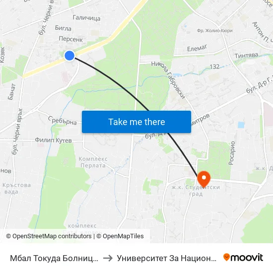 Мбал Токуда Болница / Tokuda Hospital (0205) to Университет За Национално И Световно Стопанство map