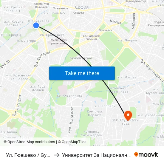 Ул. Гюешево / Gyueshevo St. (1158) to Университет За Национално И Световно Стопанство map