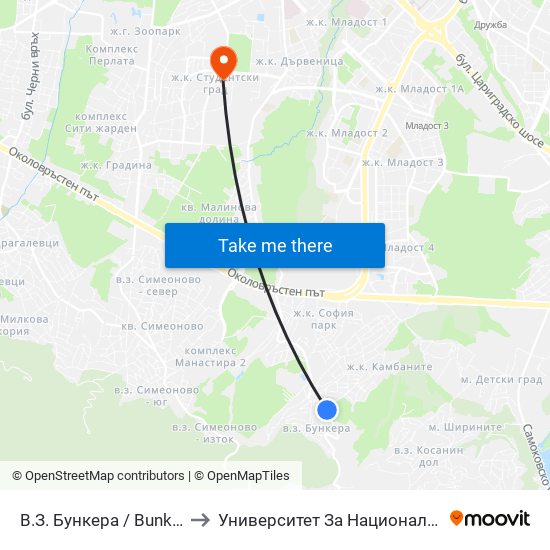 В.З. Бункера / Bunkera Villa Zone (2656) to Университет За Национално И Световно Стопанство map