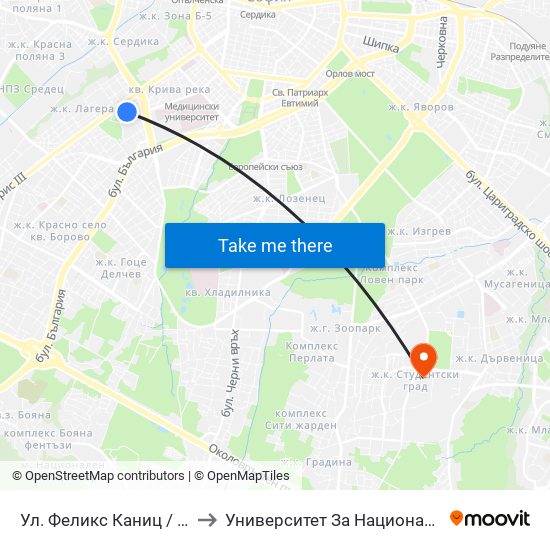 Ул. Феликс Каниц / Feliks Kanitz St. (2423) to Университет За Национално И Световно Стопанство map