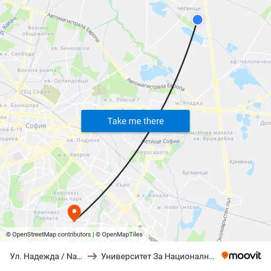 Ул. Надежда / Nadezhda St. (1223) to Университет За Национално И Световно Стопанство map