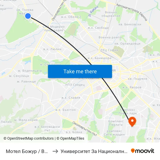 Мотел Божур / Bozhur Motel (1106) to Университет За Национално И Световно Стопанство map