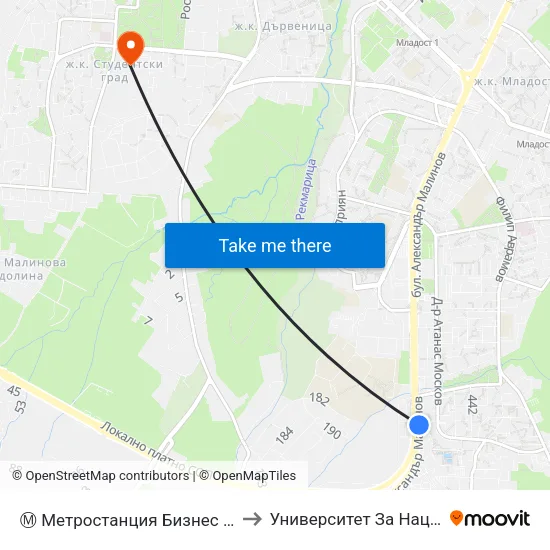 Ⓜ️ Метростанция Бизнес Парк / Business Park Metro Station (2491) to Университет За Национално И Световно Стопанство map