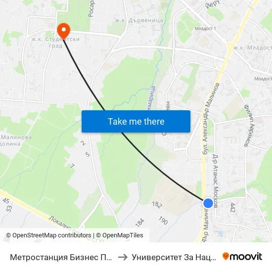 Ⓜ️ Метростанция Бизнес Парк / Business Park Metro Station (2374) to Университет За Национално И Световно Стопанство map
