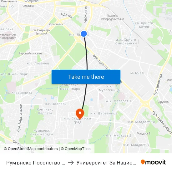 Румънско Посолство / Embassy Of Romania (1490) to Университет За Национално И Световно Стопанство map