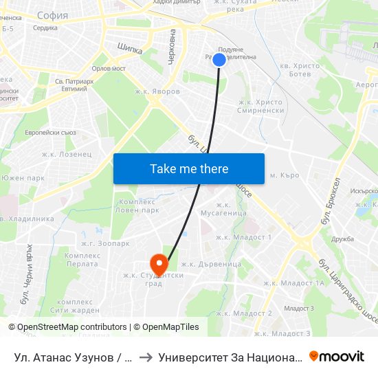 Ул. Атанас Узунов / Atanas Uzunov St. (1830) to Университет За Национално И Световно Стопанство map