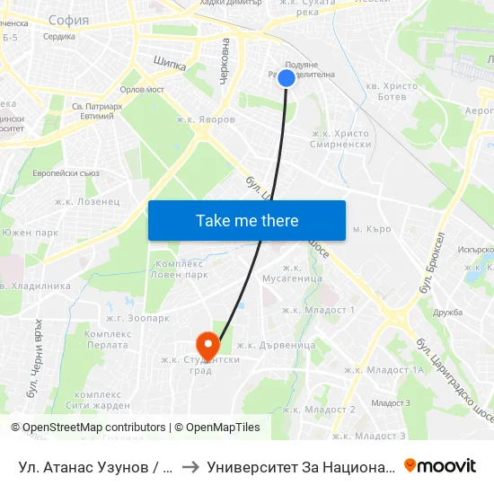 Ул. Атанас Узунов / Atanas Uzunov St. (1830) to Университет За Национално И Световно Стопанство map