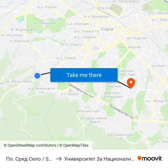 Пл. Сред Село / Sred Selo Sq. (1309) to Университет За Национално И Световно Стопанство map