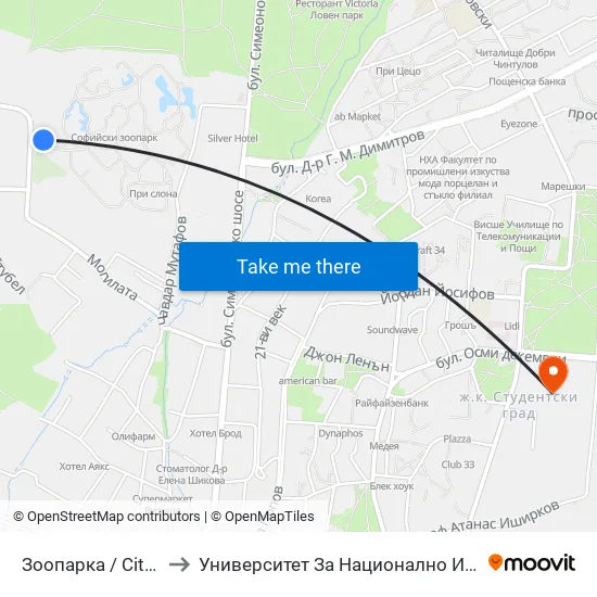 🐘 Зоопарка / City Zoo (0749) to Университет За Национално И Световно Стопанство map