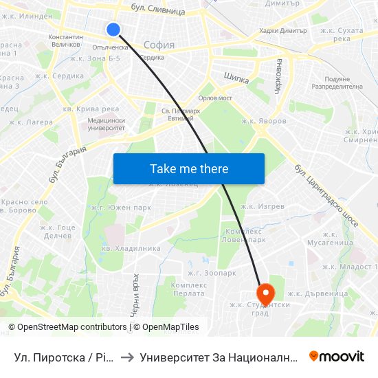 Ул. Пиротска / Pirotska St. (2114) to Университет За Национално И Световно Стопанство map