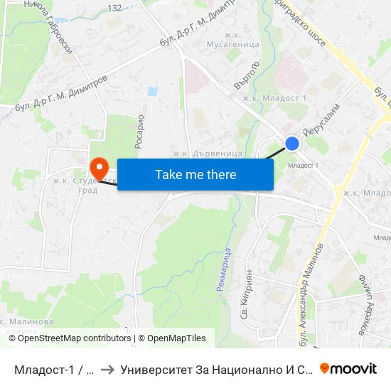 Младост-1 / Mladost 1 to Университет За Национално И Световно Стопанство map