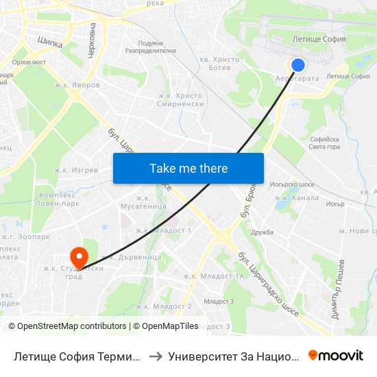 Летище София Терминал 1 / Sofia Airport Terminal 1 to Университет За Национално И Световно Стопанство map