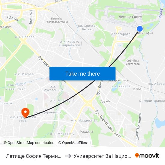 Летище София Терминал 2 / Sofia Airport Terminal 2 to Университет За Национално И Световно Стопанство map