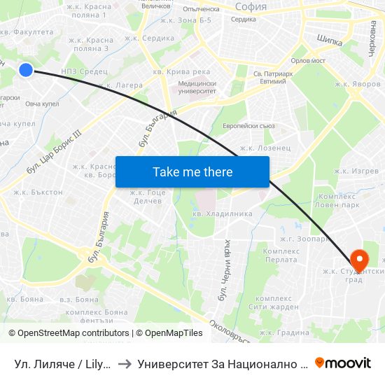 Ул. Лиляче / Lilyache St. (2032) to Университет За Национално И Световно Стопанство map