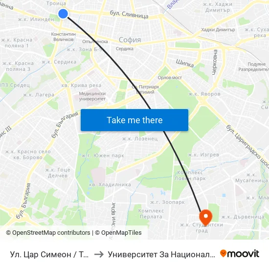 Ул. Цар Симеон / Tsar Simeon St. (2249) to Университет За Национално И Световно Стопанство map