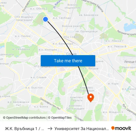 Ж.К. Връбница 1 / Vrabnitsa 1 Qr. (2579) to Университет За Национално И Световно Стопанство map