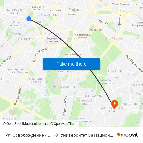 Ул. Освобождение / Osvobozhdenie St. (2098) to Университет За Национално И Световно Стопанство map