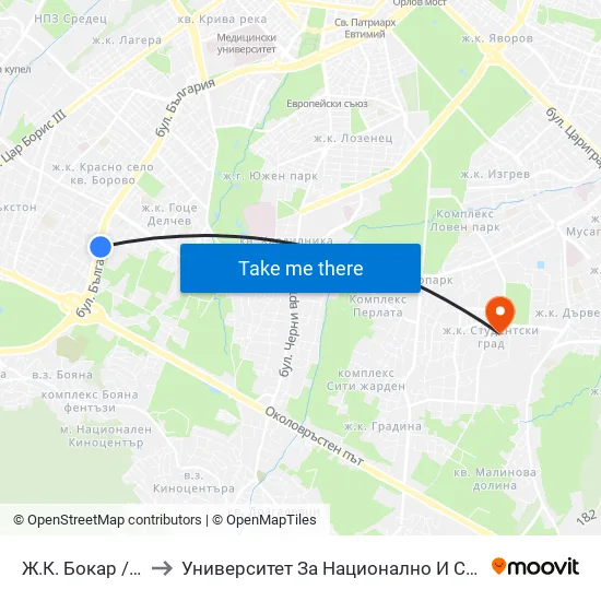 Ж.К. Бокар / Bokar Qr. to Университет За Национално И Световно Стопанство map