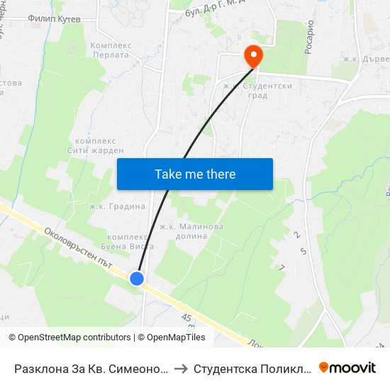 Разклона За Кв. Симеоново / Fork Road To Simeonovo Qr. (1458) to Студентска Поликлиника 5 Поликлиника – 5 Дкц map