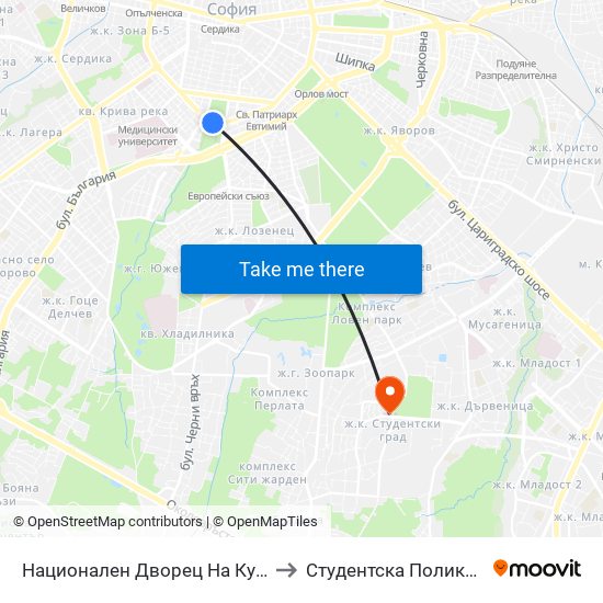 Национален Дворец На Културата / National Palace Of Culture (1139) to Студентска Поликлиника 5 Поликлиника – 5 Дкц map